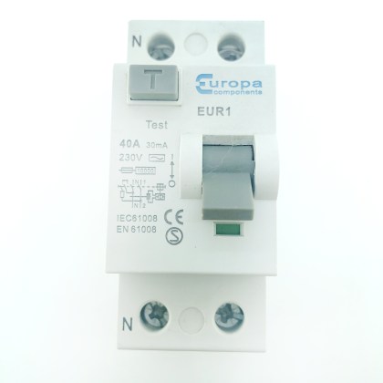 Europa Components EUR1 Square Button 40A 40 Amp 30mA RCD 2 Double Pole Circuit Breaker Type AC
